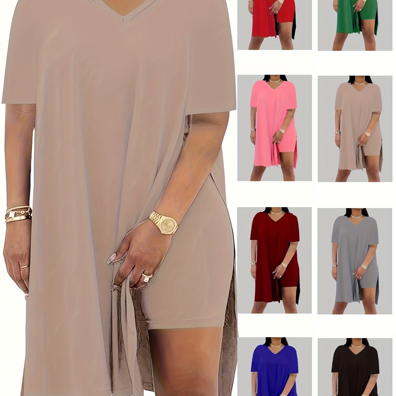 Women's Short-sleeved V-neck Set, Solid-color Stretch Short-sleeved T-shirt With Slit And Shorts Set, Machine Washable, Suitable For Jogging, Yoga, Gym, Shopping, Suitable For , Women's Sportswear Set