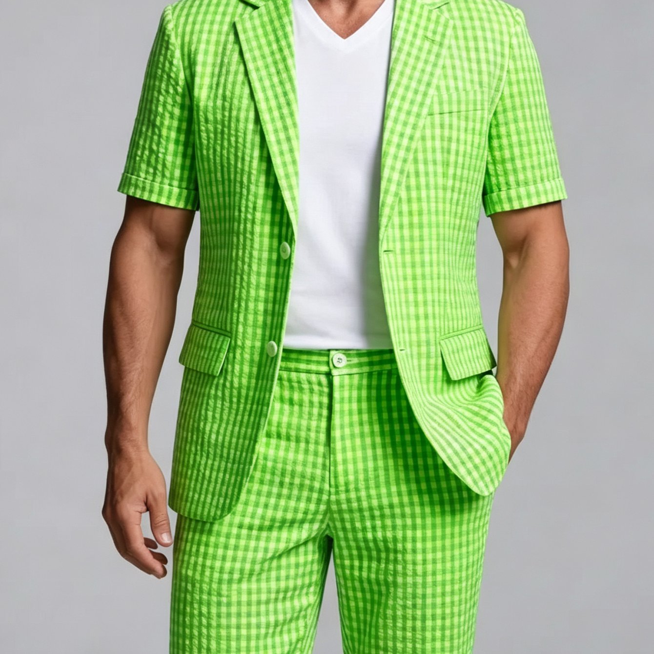 Image of 2pcs Set: Men's Business-casual & Sporty Printed Short-sleeve Suit Jacket With Notch And Two-button Closure, With Matching Shorts - Multiple Colors , Plus Size