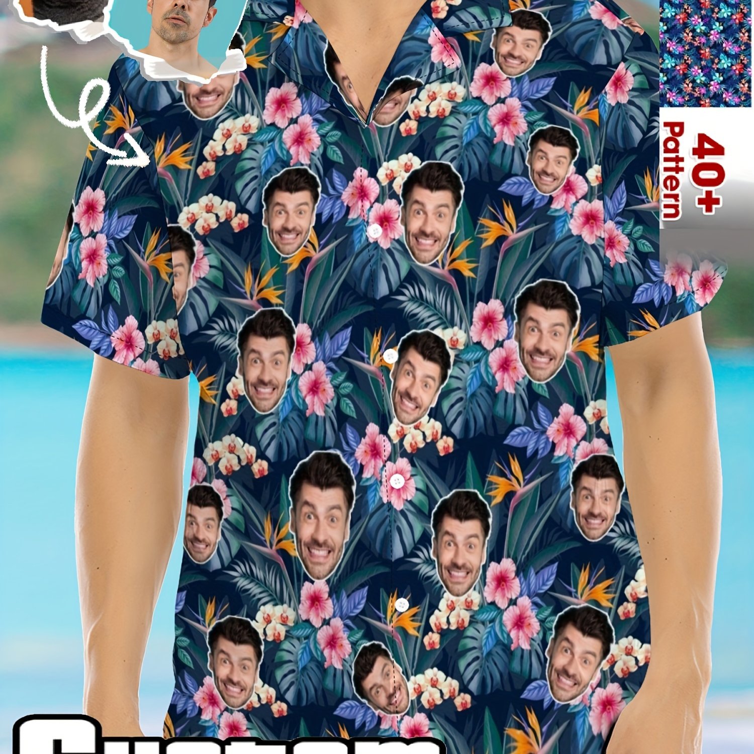 TEMU Jia+ Product : Custom Men's Hawaiian Shirt With Custom Face Print. Add Your Full-face Image For Digital Printing On The Shirt's Pattern In Any