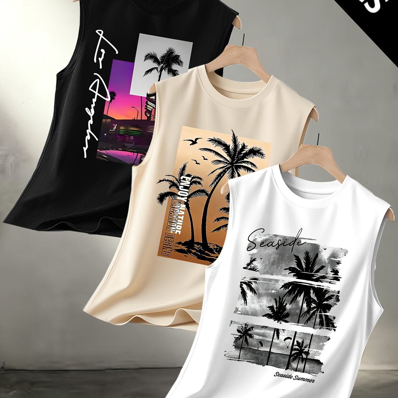 TEMU Men's Summer Refreshing Casual Pattern Print Sleeveless Vest 3pcs Set
