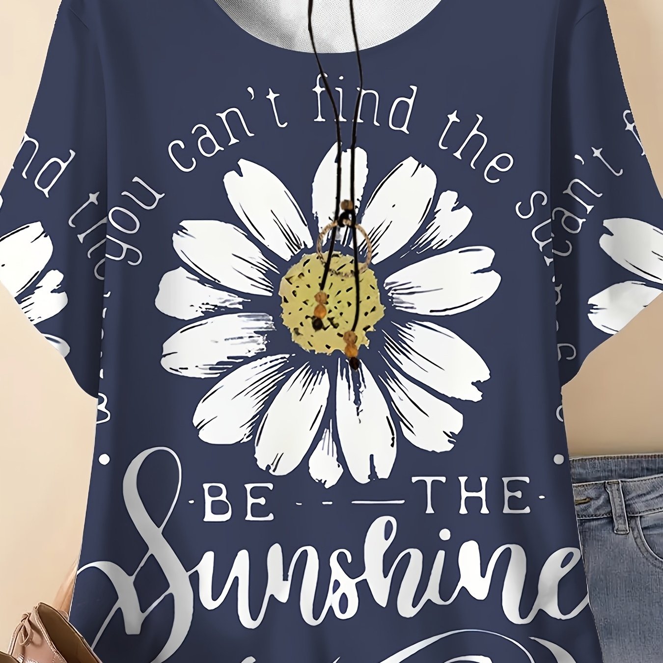 TEMU Plus Size, Plus Size Summer Casual Vacation Comfortable And Elegant Style Women's Round Neck Short Sleeve T-shirt With Letter And Daisy Print
