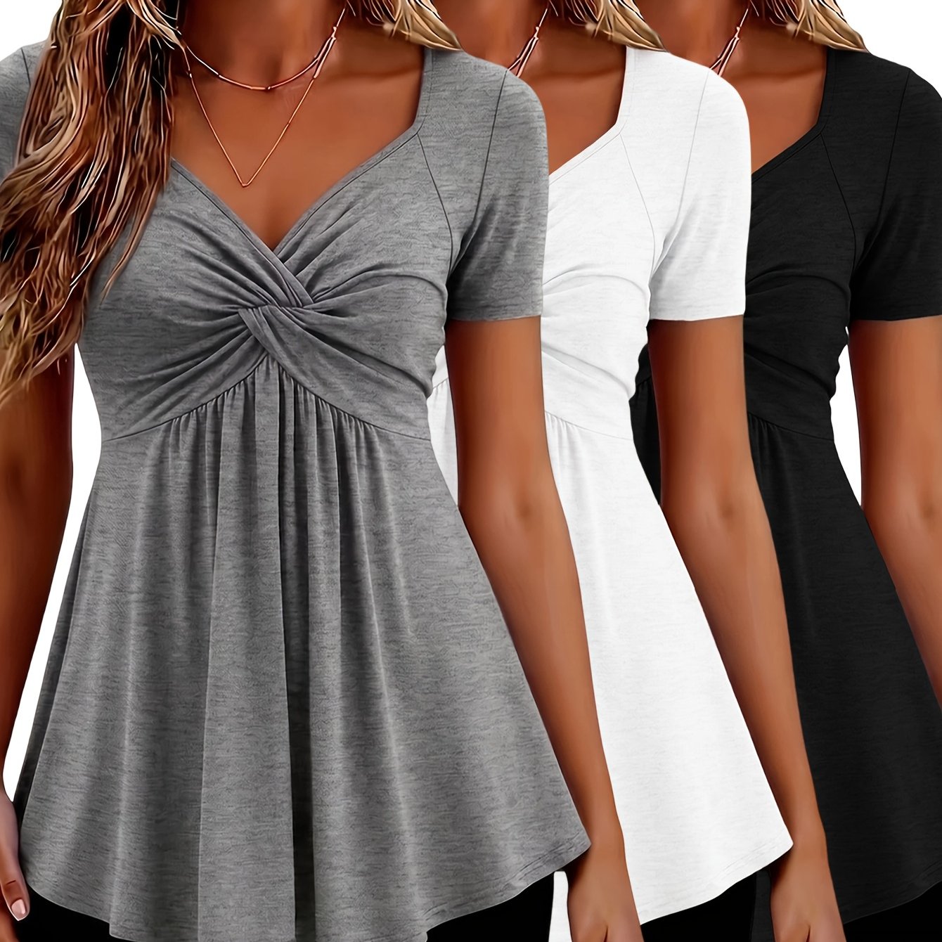TEMU 3pcs Set Women's Comfortable Long-length Top, Elegant Casual Front-knotted Basic Shirt, Fashionable Loose V-neck Short-sleeve T-shirt