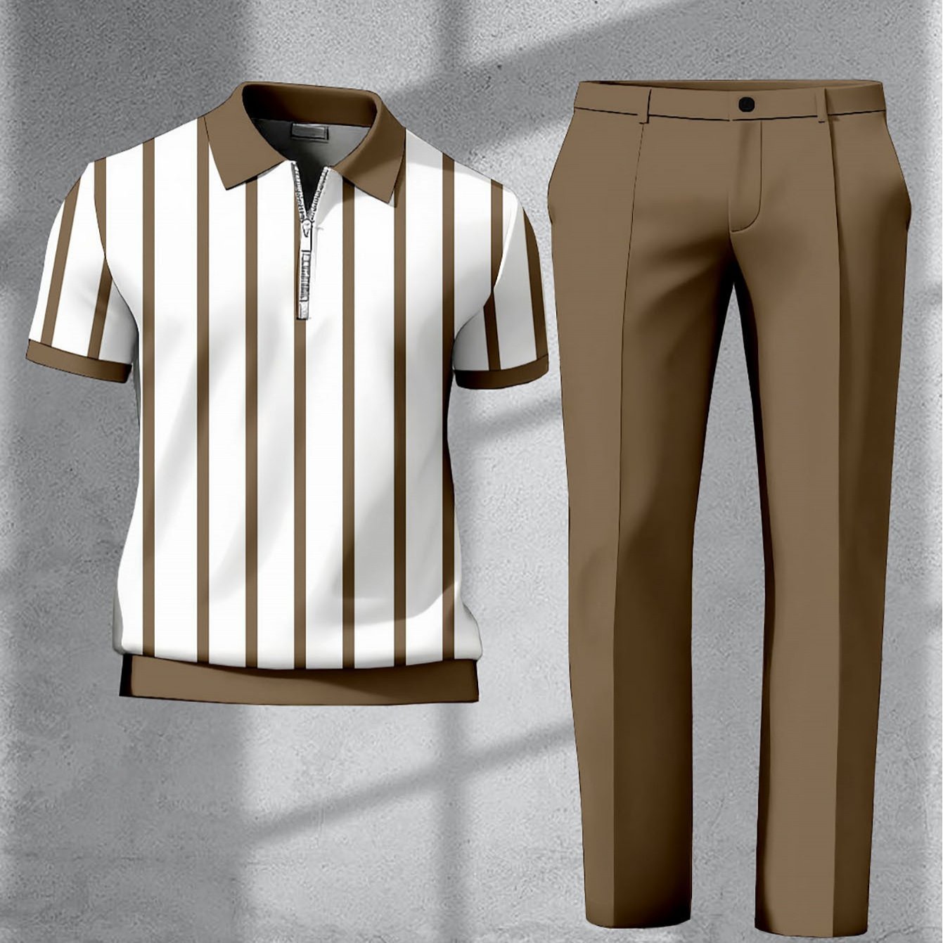 E-shop Herrenmode Gestreiftes Zip Polo Kurzarm Top mit Slim Fit Anzug Hosen Business Casual Pendler Set Sommer Leichtes Atmungsaktives Mittelalter