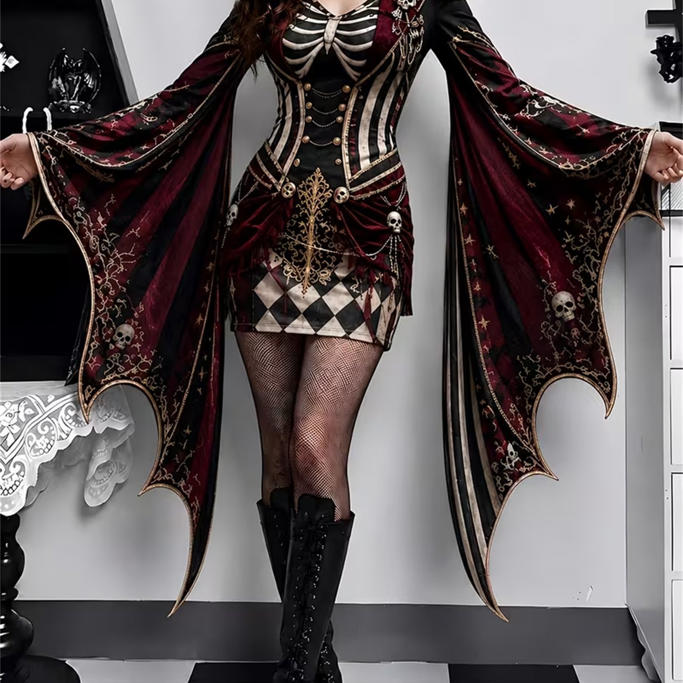 Image of Halloween Women's V-neck Batwing Sleeve Bodycon Mini Dress With 2d Print, Suitable For Festival Parties, Themed Events, And Photo Outfits