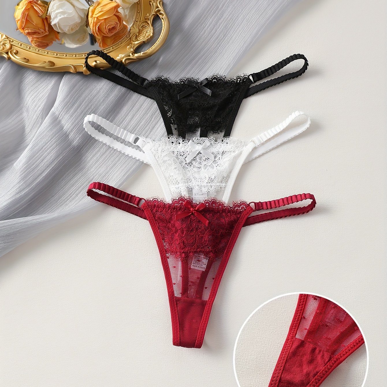 Women's Thong Panties: Me04 Black + White+burgundy