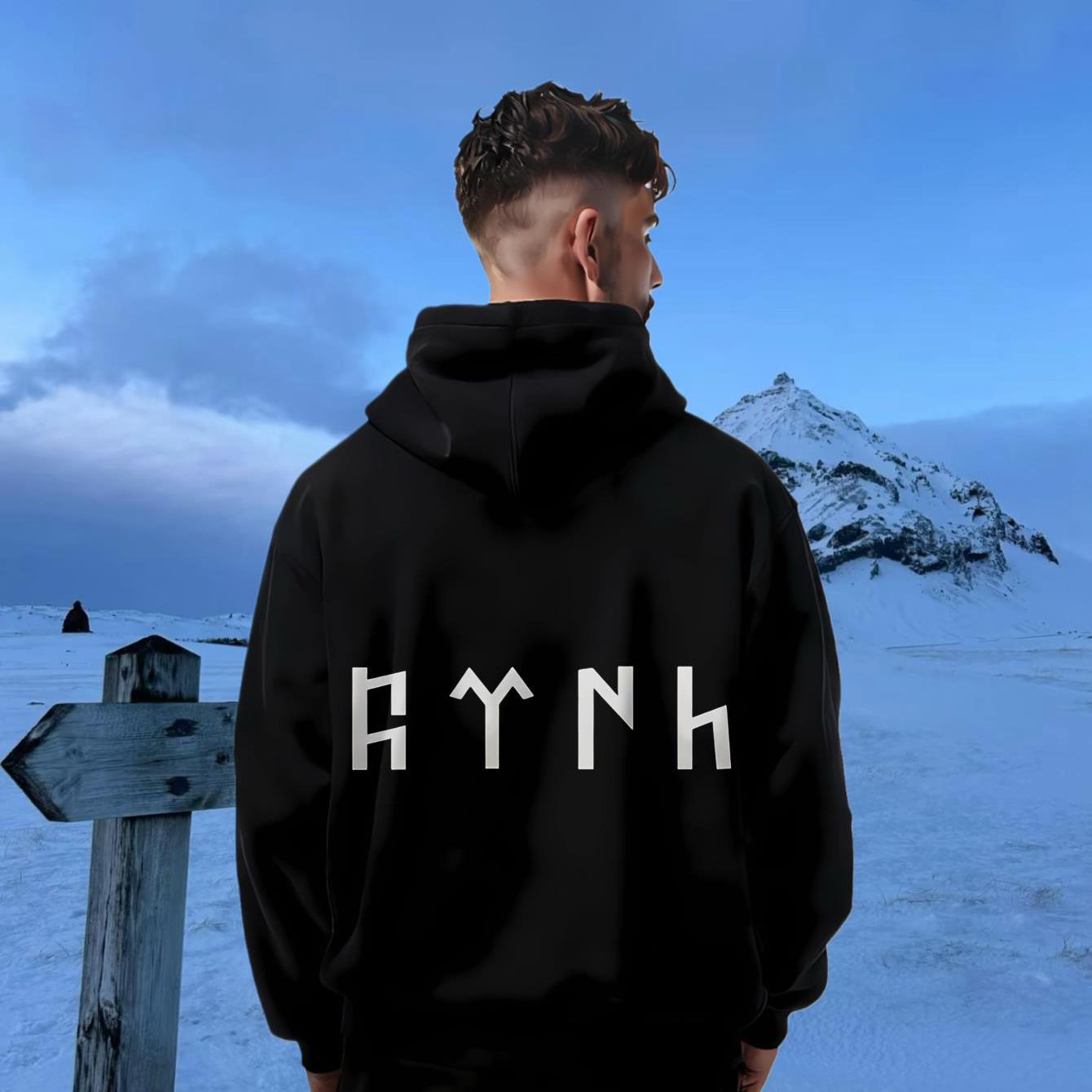 Hooded Sweatshirt Featuring A Back Print With White Letters Rynh On The Front, Equipped With A Kangaroo Pocket And An Adjustable Drawstring - Men's Printed Hoodies