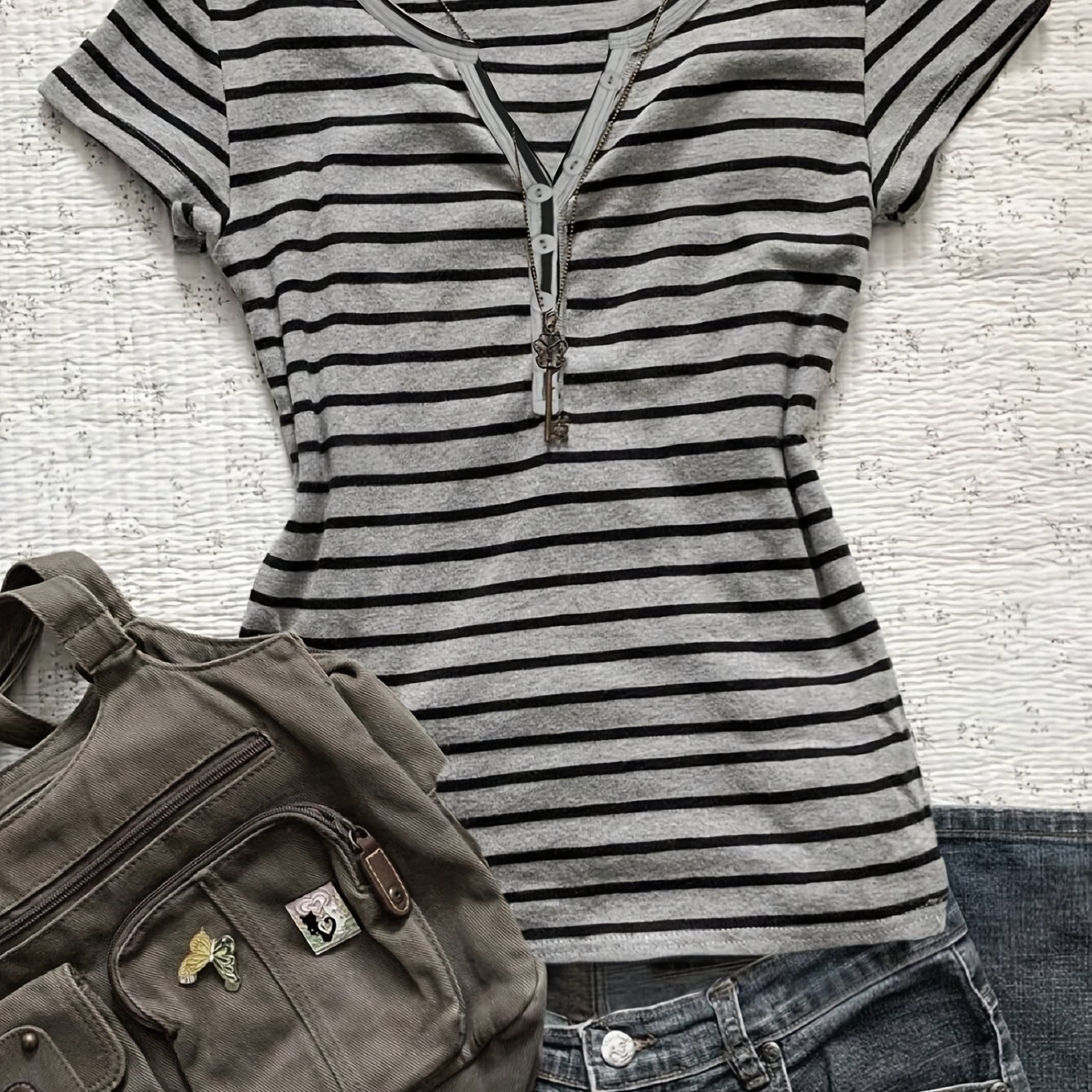 TEMU Women's Fashion Casual Button Striped Short Sleeve T-shirt Top