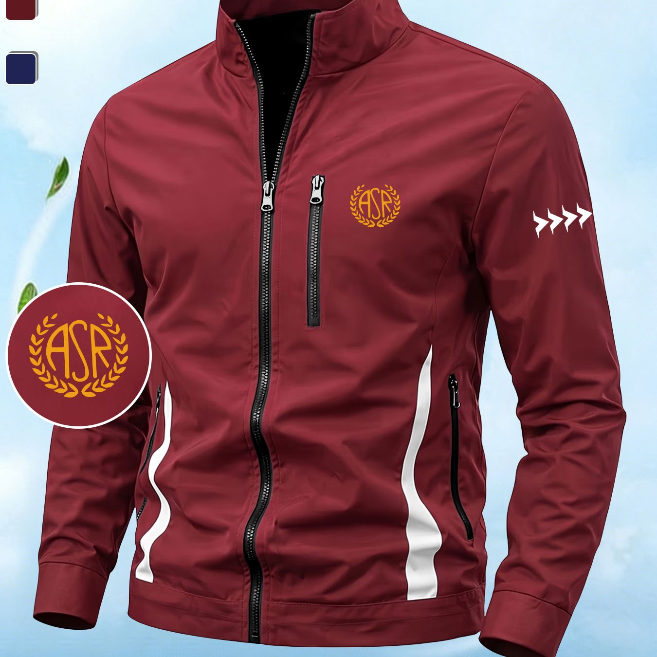 TEMU Giacca da slim fit con alla coreana, stampa badge foglia di ASR, stile casual atletico /, con bianche, tessuto, lavabile in lavatrice