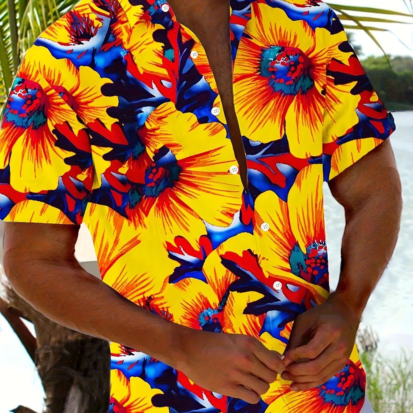 TEMU Directional Style Printed No Texture Hawaiian Floral Short Sleeve Button-up Shirt For Men