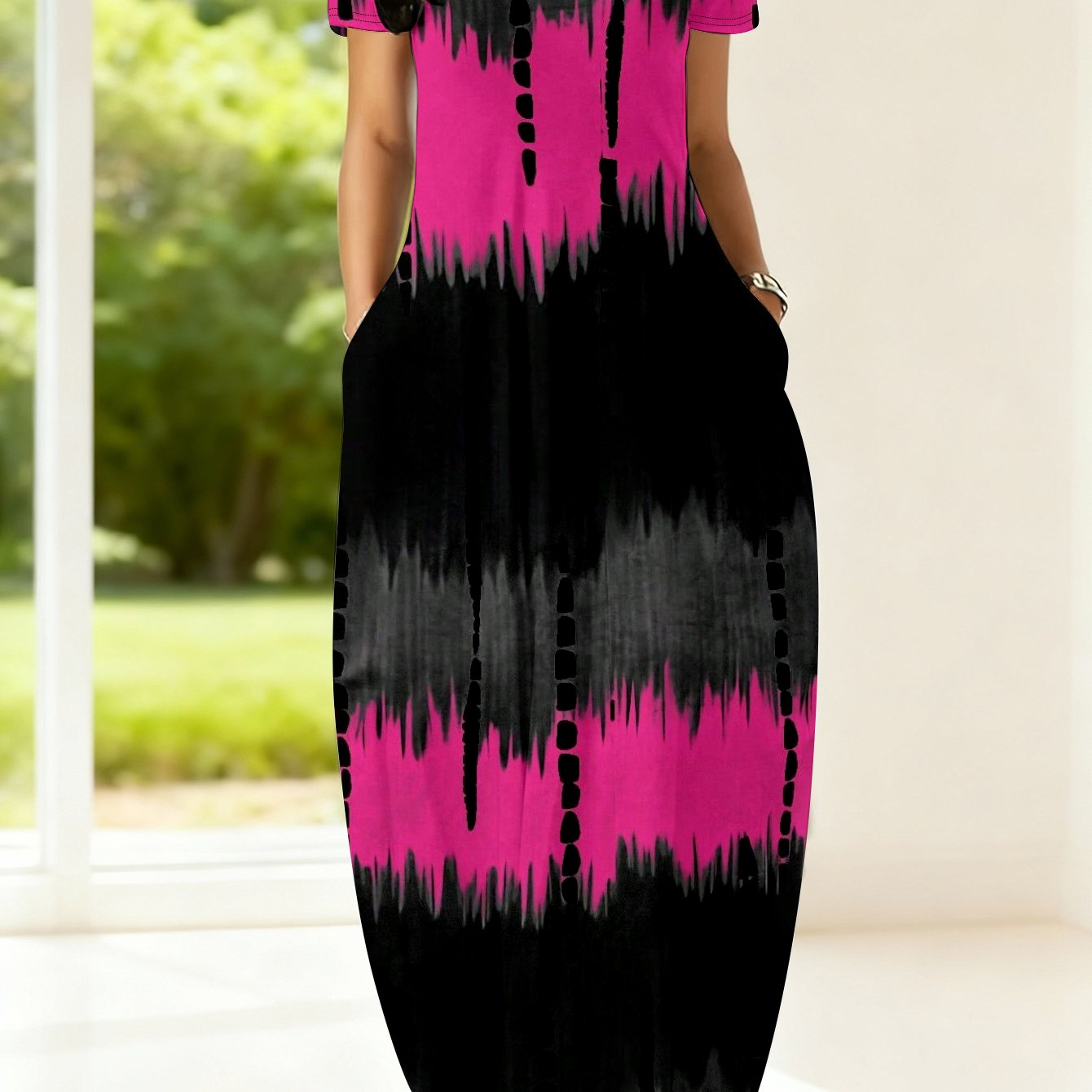 Image of Plus Size - Plus Size - Plus Size Women's Color Block Printed Contrasting Casual Vacation Bohemian Dress, With Pockets, Spring And Summer, Women's Dresses With , For Women's Plus Size Clothing