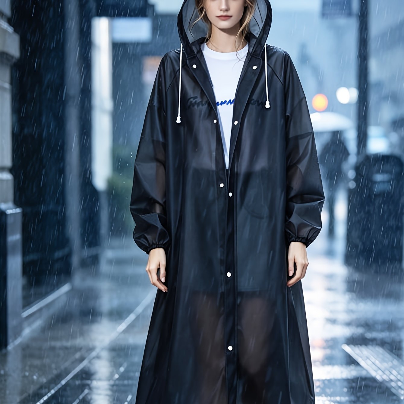 Image of 1pc Black Thickened Adult Rain Jacket, Windproof And Eva Thickened Full -piece Raincoat, Travel, Outdoor Cycling, Portable Raincoat, Mouth, Hiking, Portable Adult Women's Raincoat