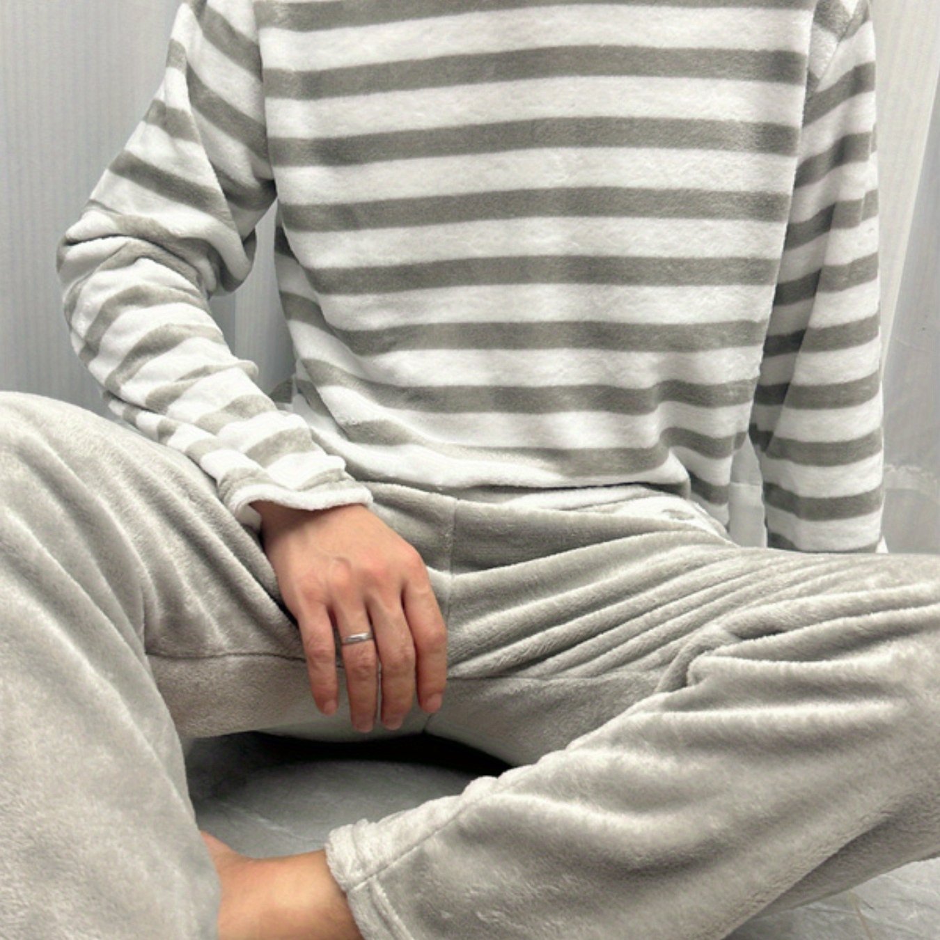 TEMU Soft And Comfortable Teenage Striped Warm Sleepwear Set Autumn And Winter Long Sleeve Long Pants Asian Size Men's Casual Set Winter Sleepwear