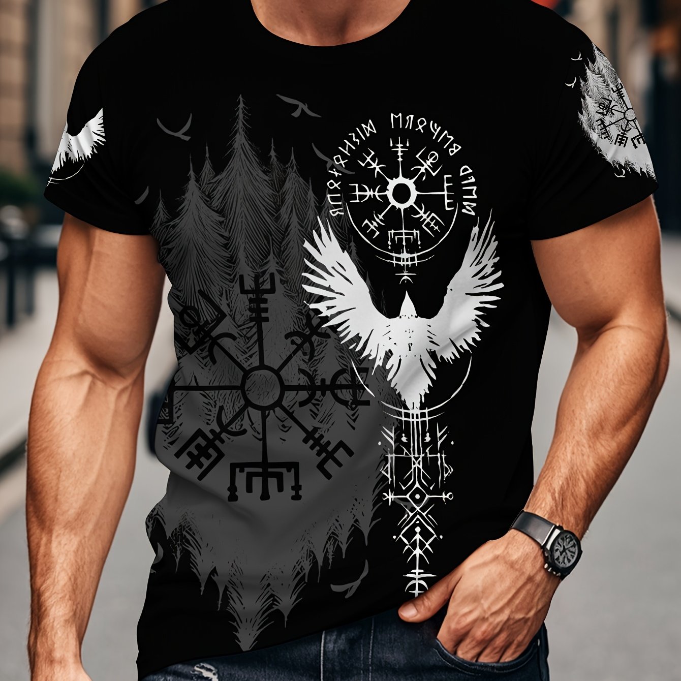 TEMU Black Viking Men's T-shirt With And Nordic Style, Summer Casual Fashion Thin Breathable Round Neck Short Sleeve, Regular Fit, Plus Size