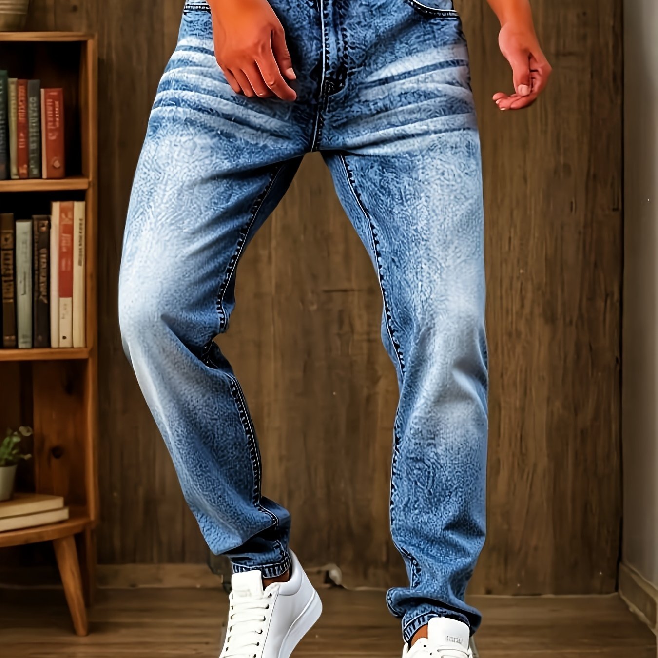 TEMU [hme] Men's Stretch Slim-fit Denim Trousers, Retro Washed Blue With Natural Whitening, -, Mid-waist Design With A Small Straight Leg, Simple And