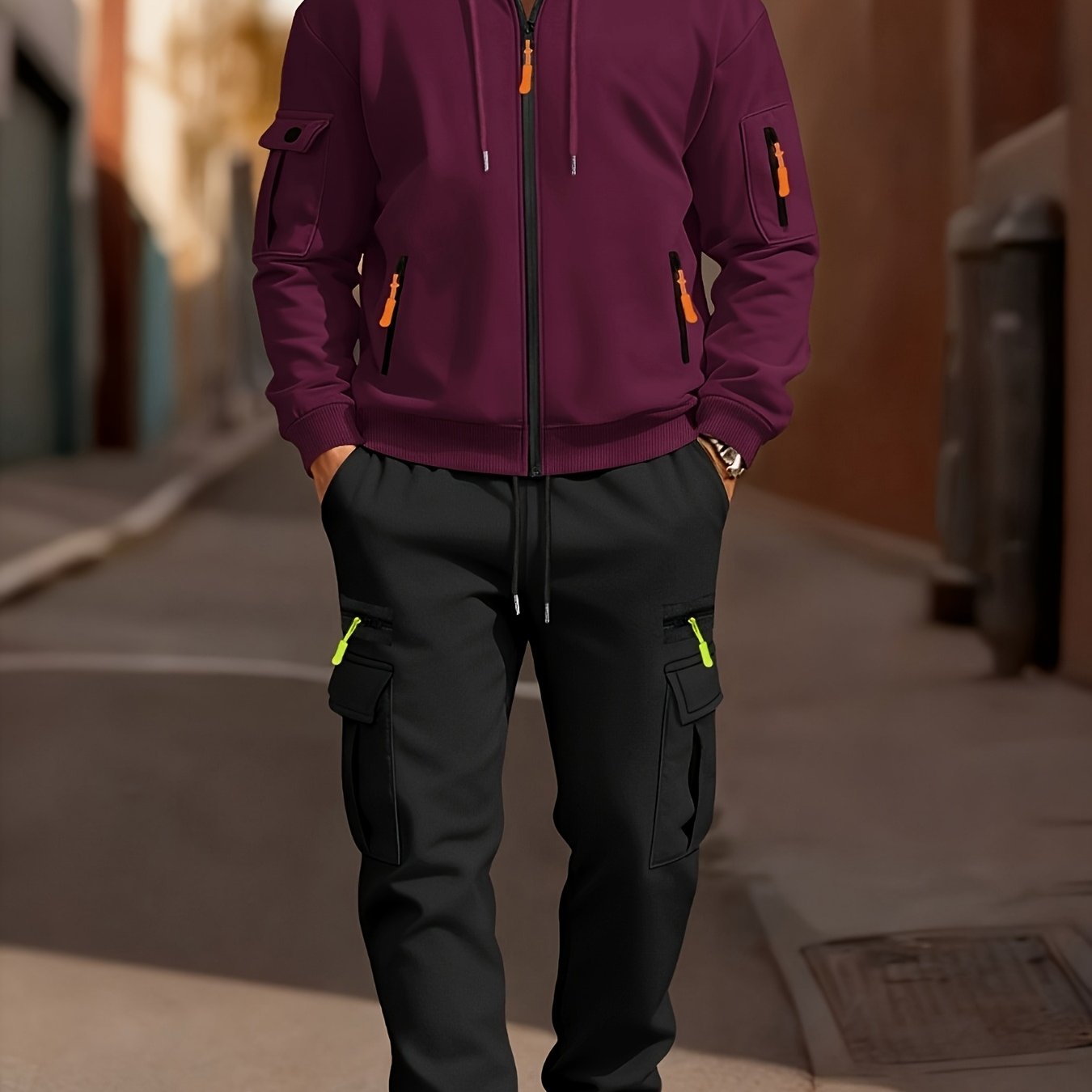 TEMU Men' Color Zipper Multi-pocket Sweatshirt Hoodie   Casual Sport Pocket Cargo Pants Two-piece Set