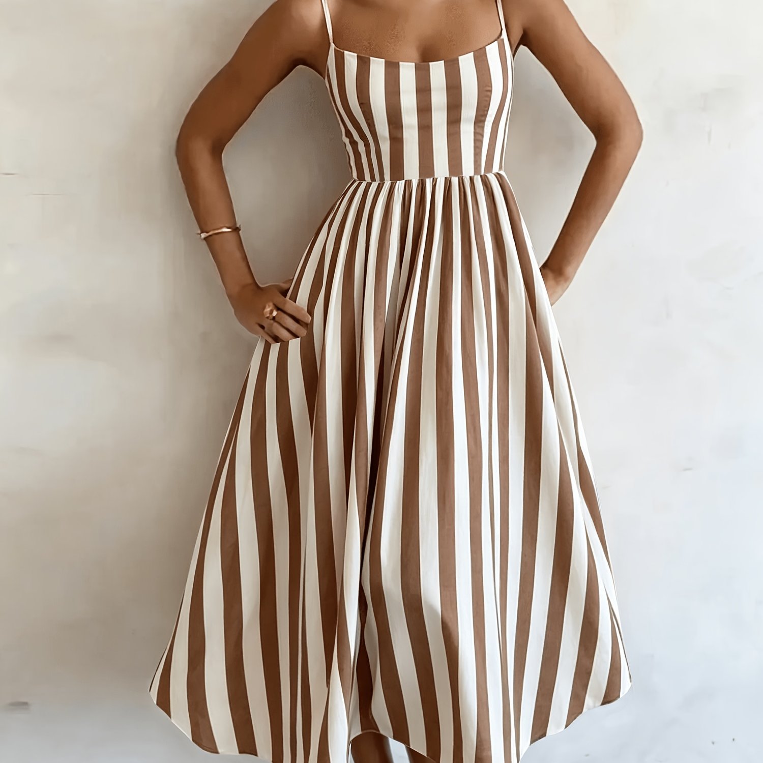 TEMU Elegant Women's Sleeveless Medium-length Strapless Dress, Easy Casual Striped With Pockets, Gathered , Summer Style Mid-length Skirt, Suitable