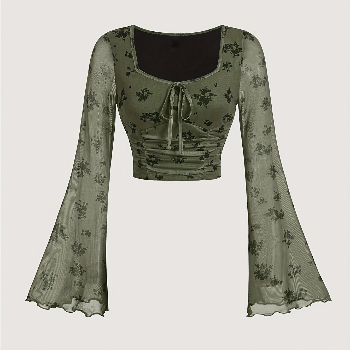 E-shop Lässiges Damen T-Shirt mit Blumenmuster und Schlag, Retro-Oberteil mit langen Ärmeln [ZLLZ]