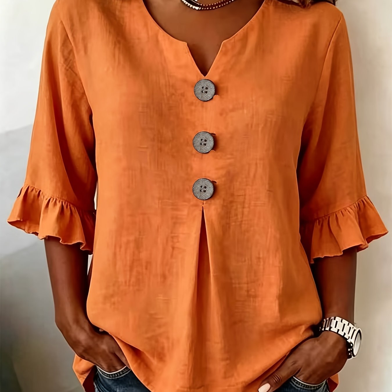 TEMU Plus Size - Plus Size - Women's Plus Size Casual V-neck Blazer With Three-button Pockets And Sleeves, Commuter Versatile Top, Plus Size Loose