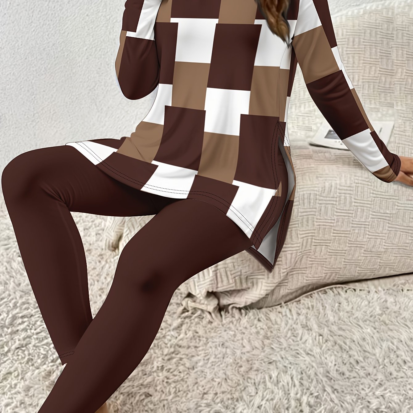 TEMU Women's Casual Two-piece Set Featuring A Color- Design With Printed Patterns, Long Sleeves, A Round Neck, Side Slits , With Leggings, A And