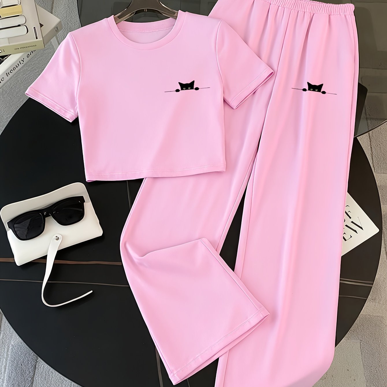 TEMU 0402gwen, 2026 New Arrival, Women's Short Sleeve And Long Pants 2pcs Set, Black Cat Pattern Print, Includes Slim-fit Short Sleeve Top And Loose
