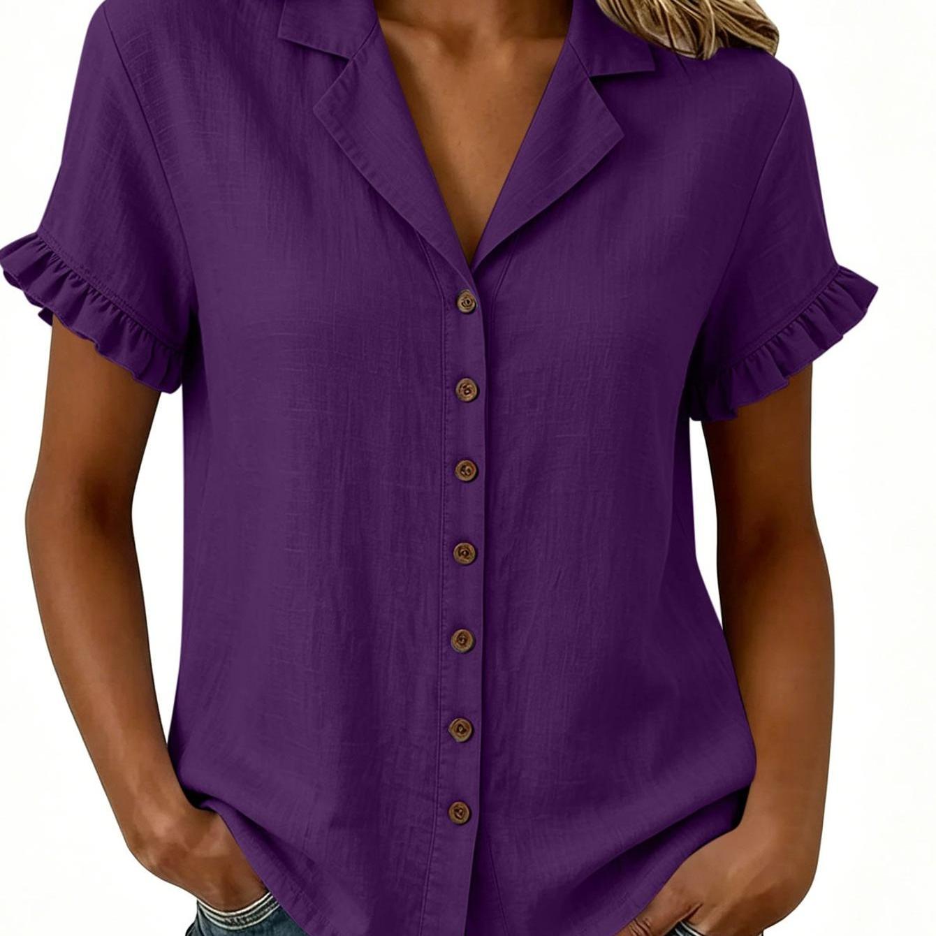 Suitable For Outdoor Vacation Women's Fashion Casual Breathable Shirts, Summer Solid Color V-neck Button Lapel Pleated Short-sleeve Blouse Tops, Modern Trendy Feminine