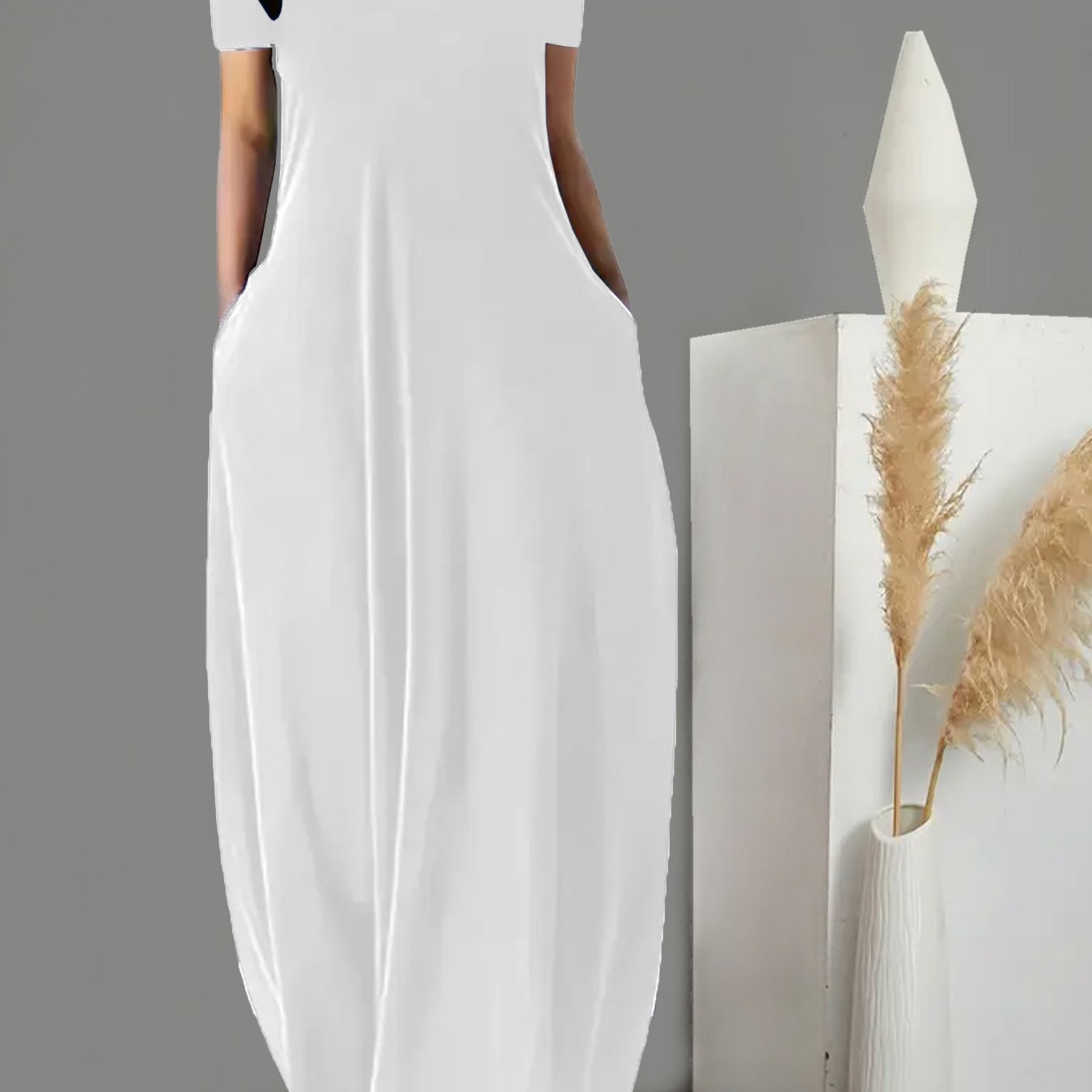 TEMU Solid Color Round Neck Loose Long Dress With Pockets, Spring Summer, Women's Casual Short Sleeve Long Dress