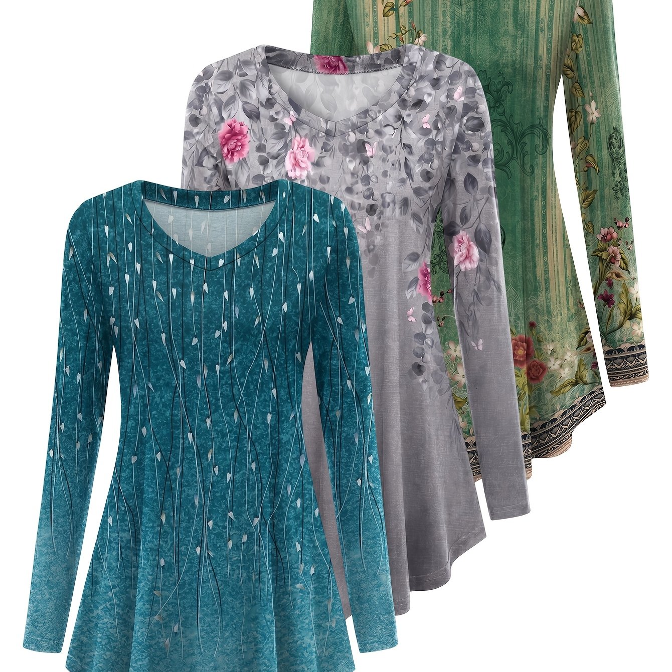 TEMU 3pcs Set Women's Long Style Fashion Top Elegant Comfortable Shirt Loose V-neck Long Sleeve T-shirt