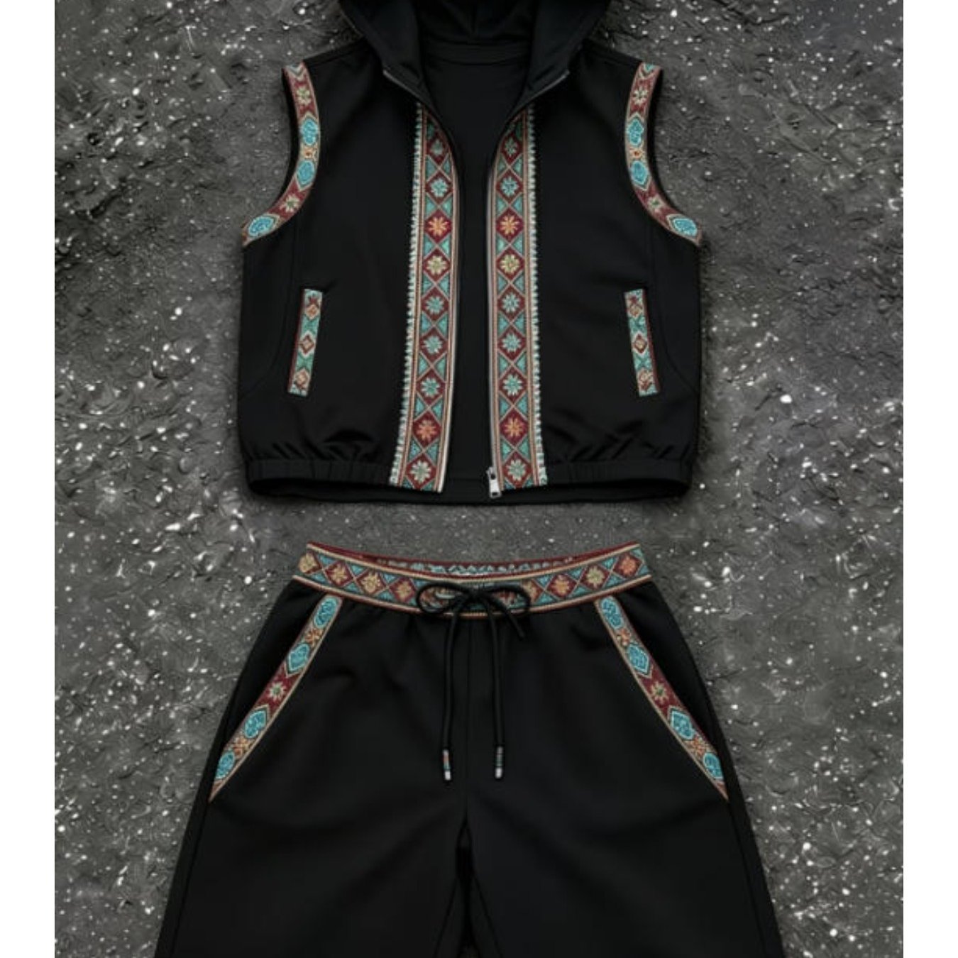 Hooded Men's Outfits Casual Trendy Ethnic Geometric Pattern Sleeveless Jacket Shorts Set Men's Fashion For Adults Men Street Style Casual Wear Sportswear