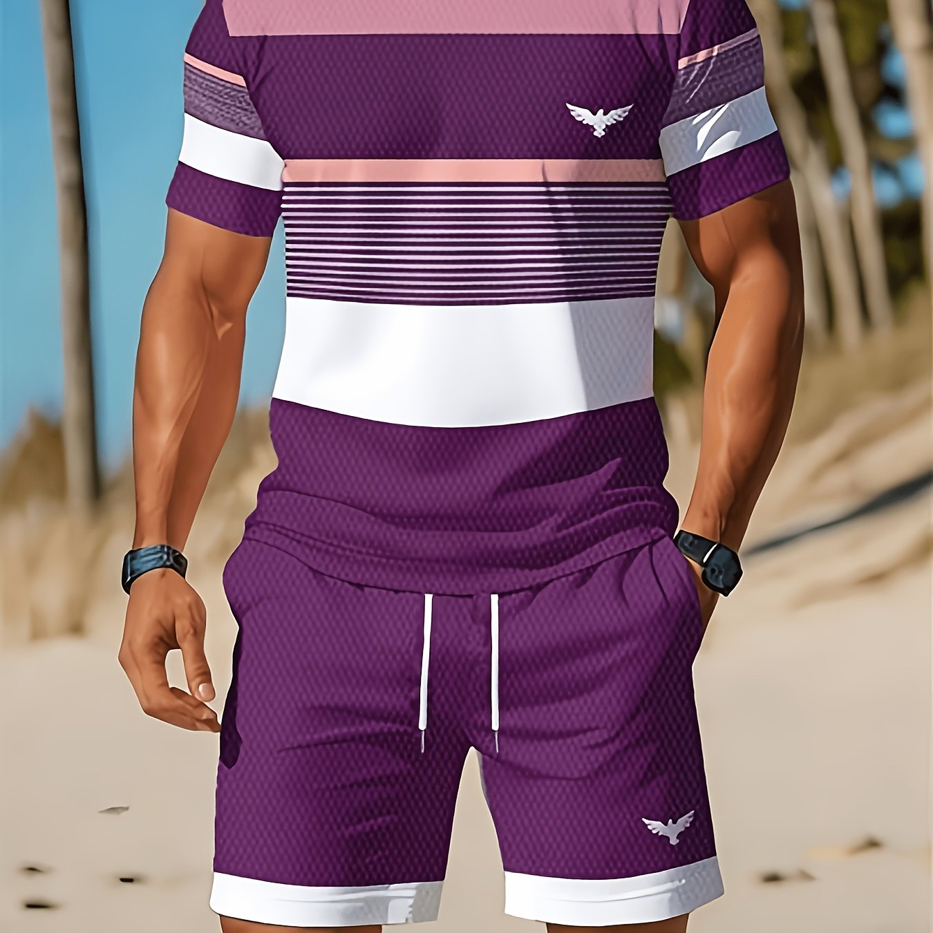TEMU Printed Design Not Textured Men's 2pcs Set, Men's Round Neck Short Sleeve T-shirt And Shorts Set, Breathable Sporty , The Gift For Men