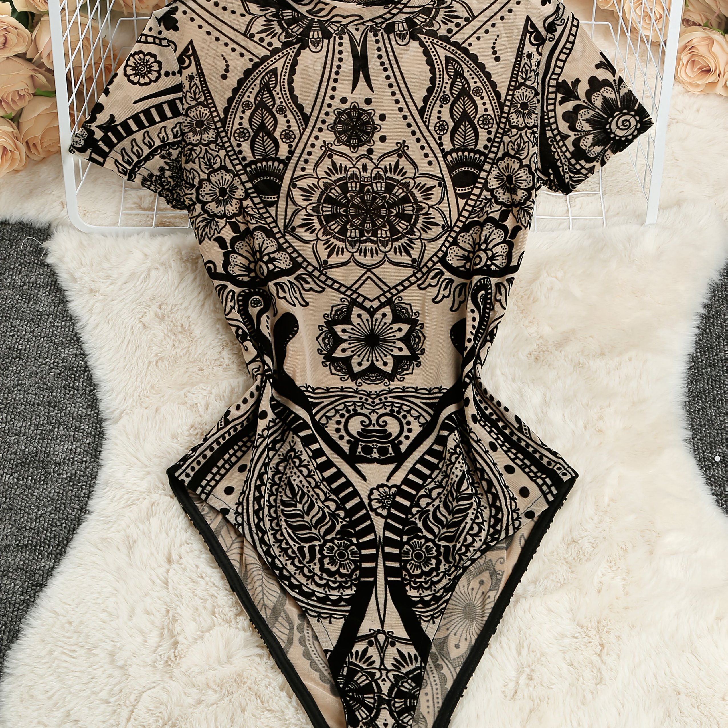 E-shop Junge Y2K Sheer Blumenmuster Crew Neck Kurzarm Rompe
