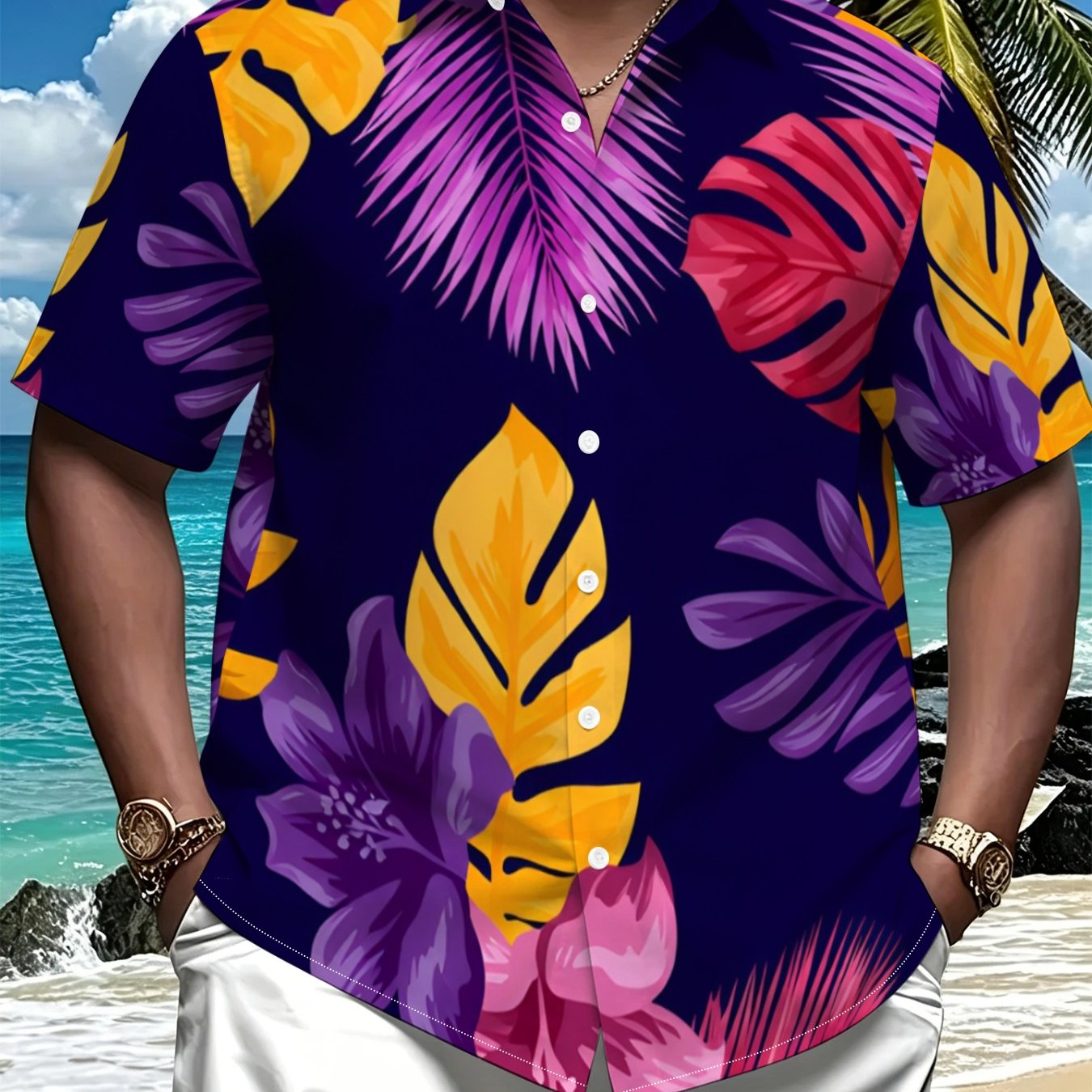 TEMU Men's Hawaiian Size Short Sleeve Shirt, Tropical Plant Print Lapel Shirt, Summer Beach Casual Top