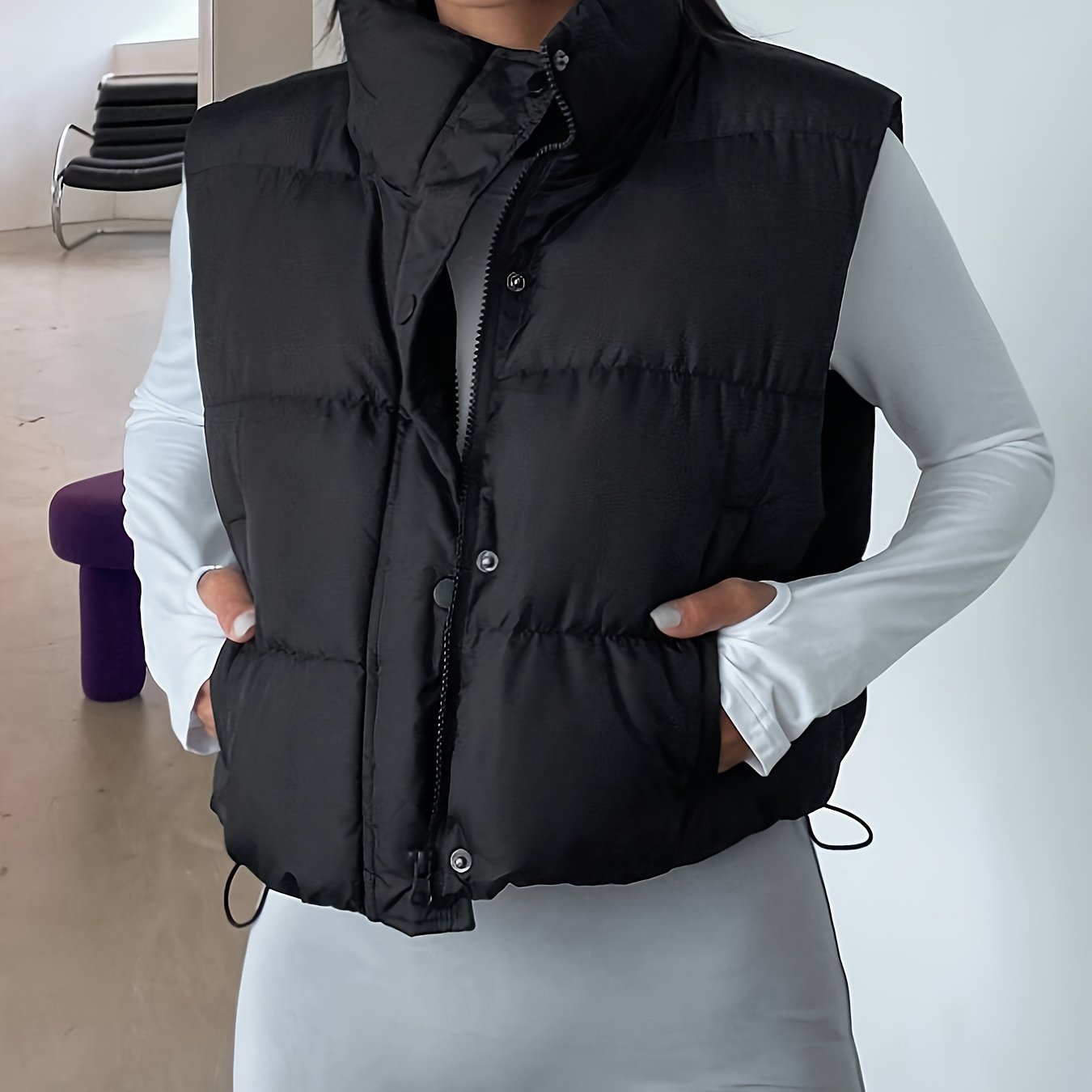 TEMU Fashionable And Elegant Ladies' Vest Jacket | In Autumn And Winter, Solid Color, Short Length, Sleeveless With Pocket