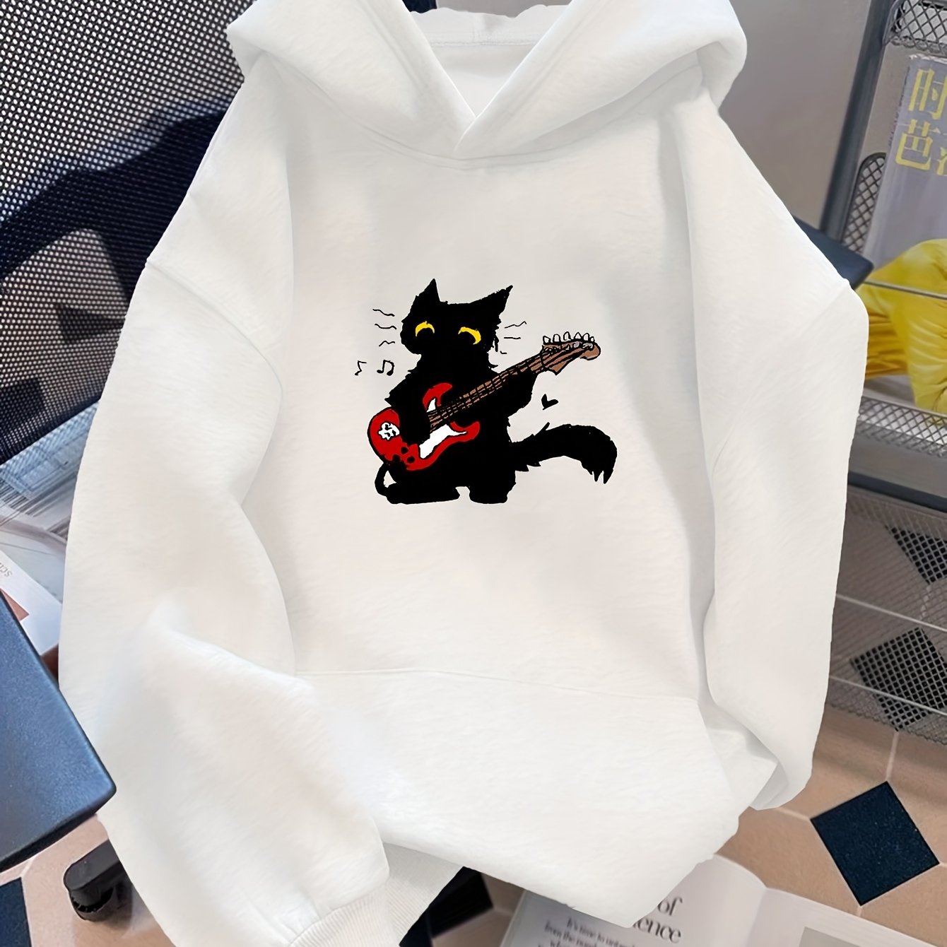TEMU D92-loose Hooded Sweatshirt, Fashionable And Versatile Guitar Cat Print Hoodie, Spring And Autumn Women's Wear L13860