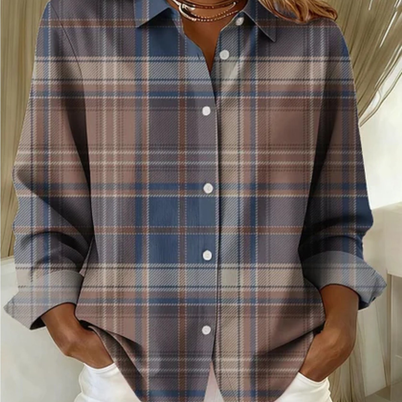 Women's Elegant Casual Long-sleeved Shirt Retro Plaid Print Lapel And Button Design Regular Fit Suitable For Machine Washable Suitable For Wear Weddings And Parties Stylish And Versatile For Women