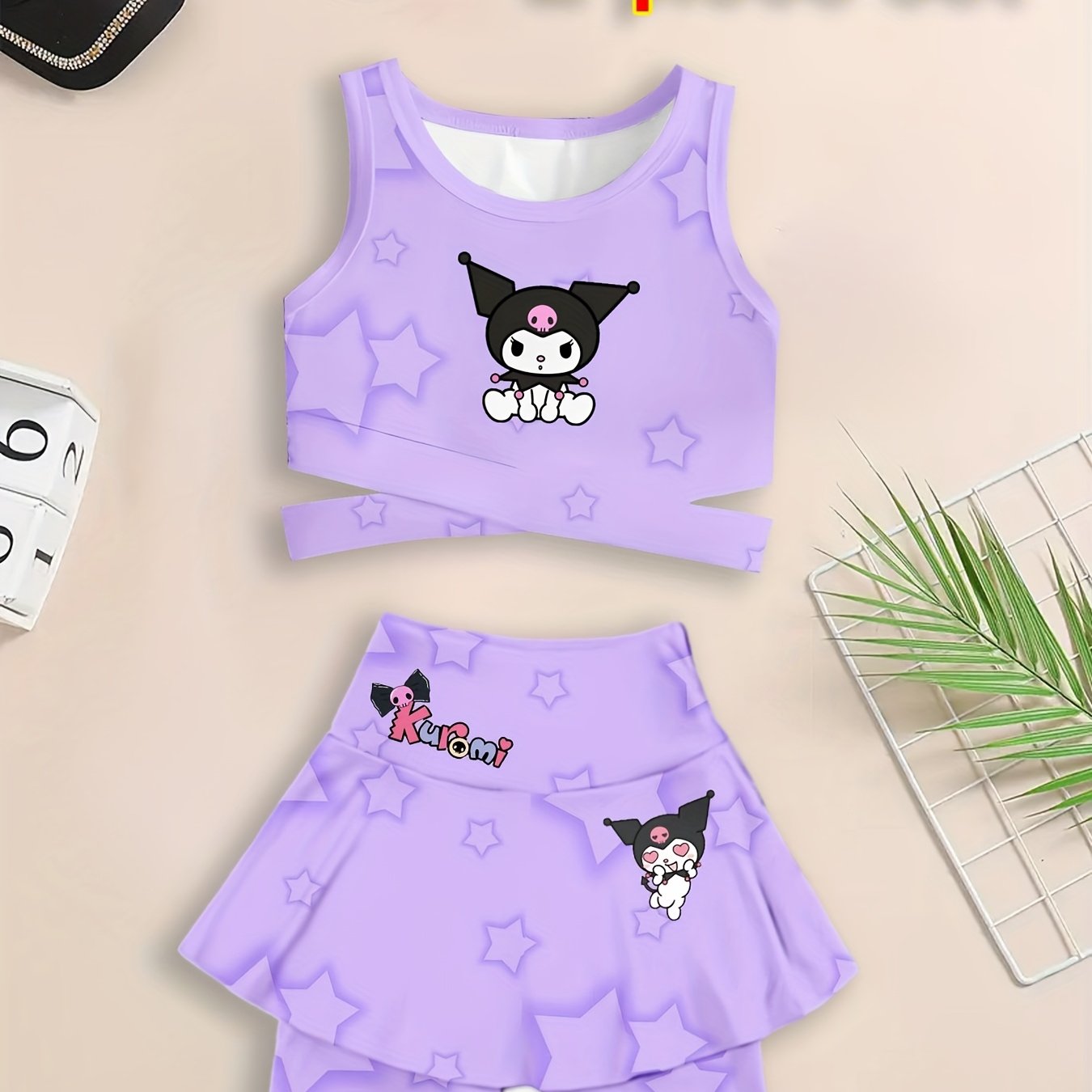 E-shop 2er-Set Kuromi Lila Stern Sport Tankini Mädchen Cartoon Print Süßes Sport Outfit Weicher Atmungsaktiver Stretch Sommer Freizeitkleidung, für