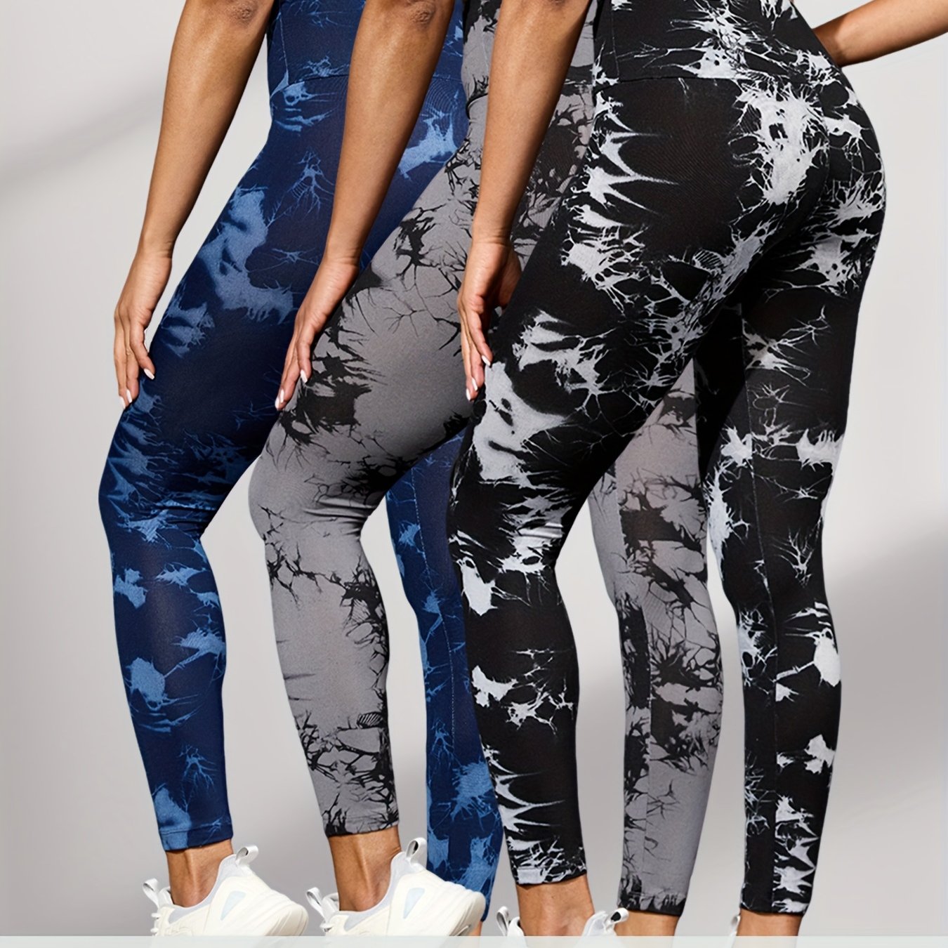 E-shop 3er-Pack Damen High-Waist Tie-Dye-Druck Sportleggings - Superweiche, Dehnbare Undichtende Workout Yoga Laufhosen für Alle Jahreszeiten,