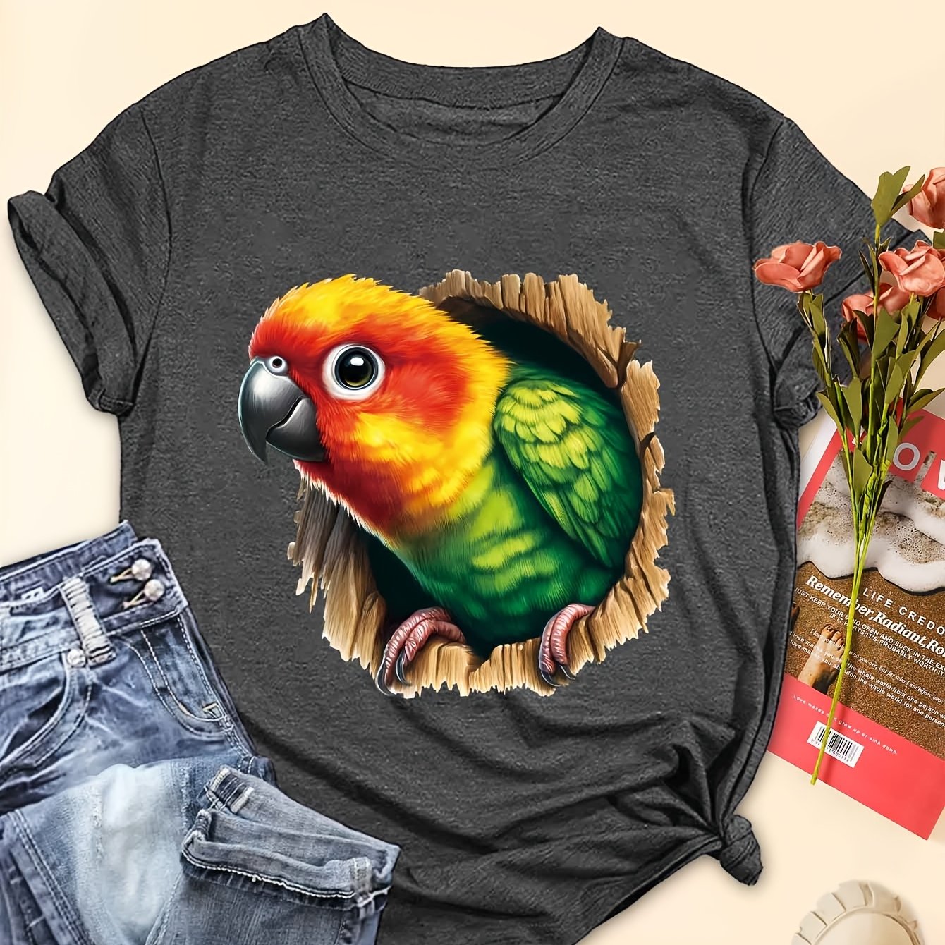 TEMU Summer Parrot Printed T-shirt With Round Neck And Short Sleeves