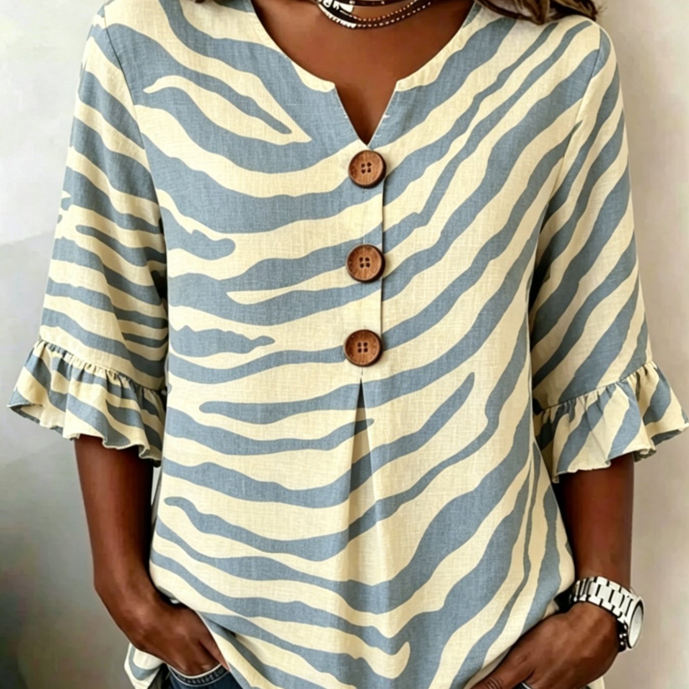 Women's Geometric Prints V Neck Three-button 3/4 Flare Sleeve Shirts, Elegant Women's Blouse For Casual Attire To Office Chic