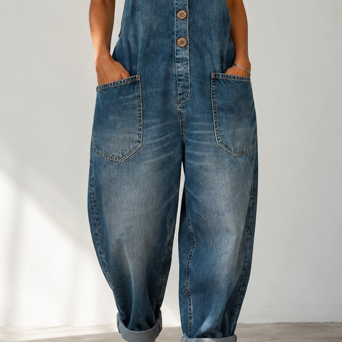 Women Loose Fit Denim Overall Jumpsuit Adjustable Strap Wide Leg Bib Pants Style Outfit Rolled Hem Runs Large To Size For Us Eu Size S -xxl Casual Attire For Travel Coffee Shop