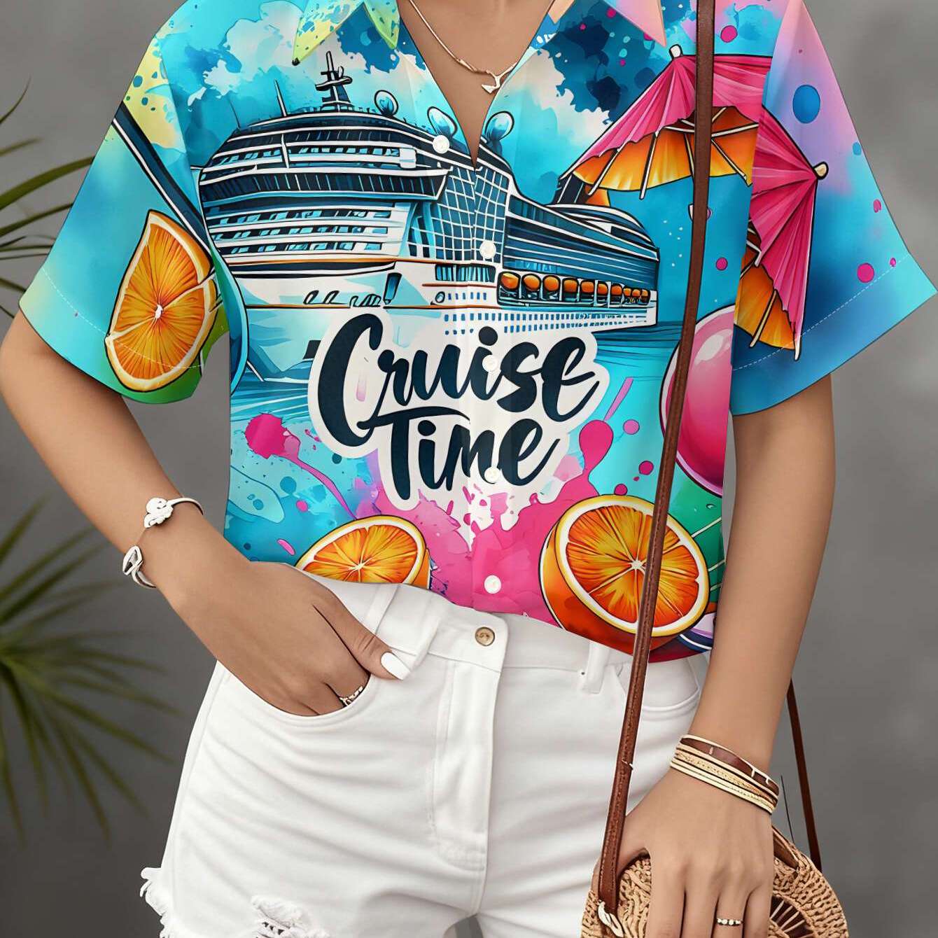 TEMU New Women's Short-sleeve Shirt For Cruise Vacations, Featuring A Colorful Drink-themed Flat Print Design. A Versatile And Casual Top For Daily