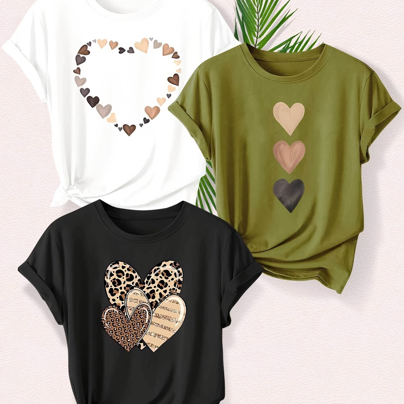 TEMU 3pcs Print T-shirts - Casual Round Neck Short Sleeve Tops With "perfect" Quote, Leopard And Heart Designs, Options - Made Of Soft, Suitable For