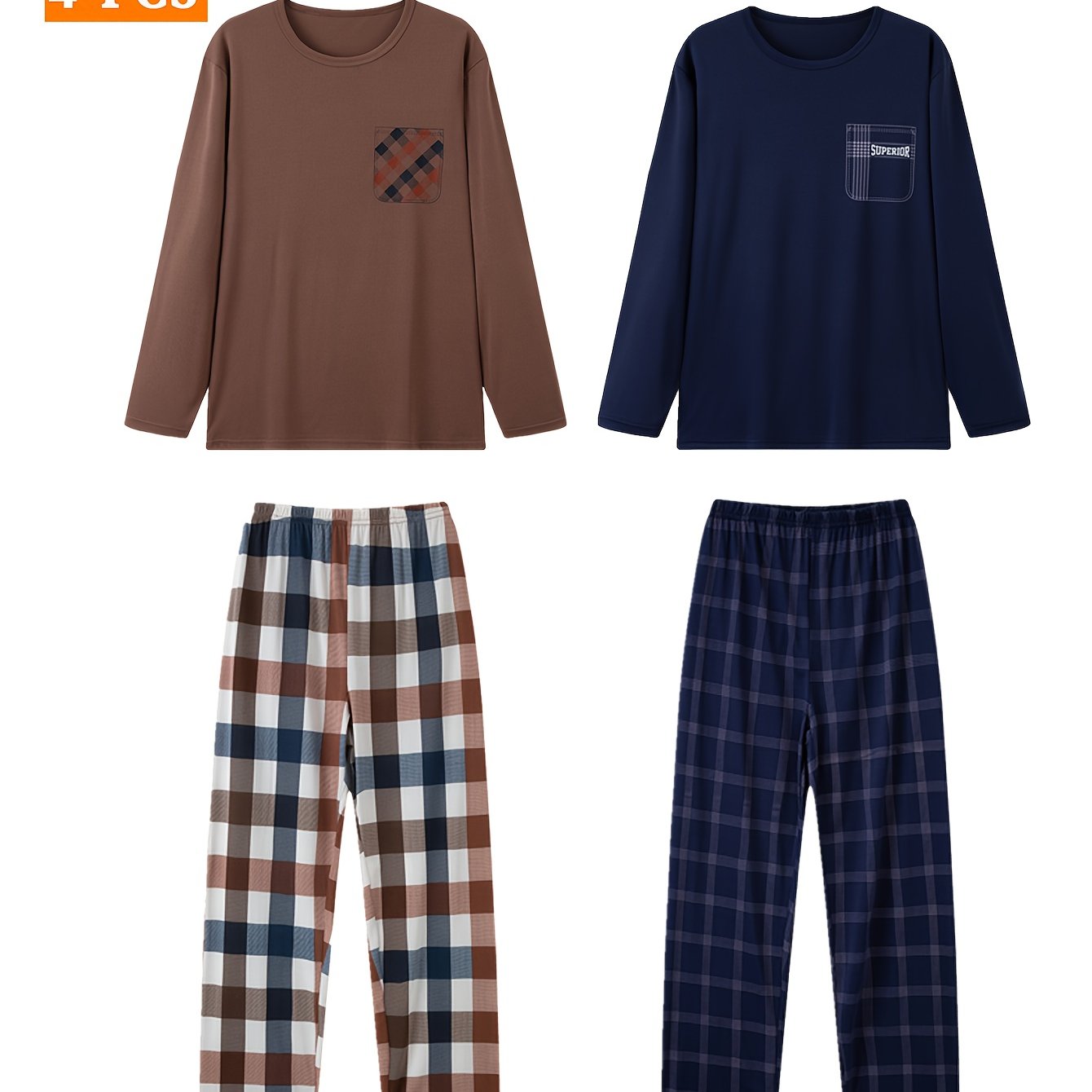 E-shop 4-teiliges Herren-Pyjama-Set mit Karomuster – 2 Langarm-Shirts mit Rundhalsausschnitt + 2 Langarm-Hosen mit Vollprint, Hauskleidung für Frühling