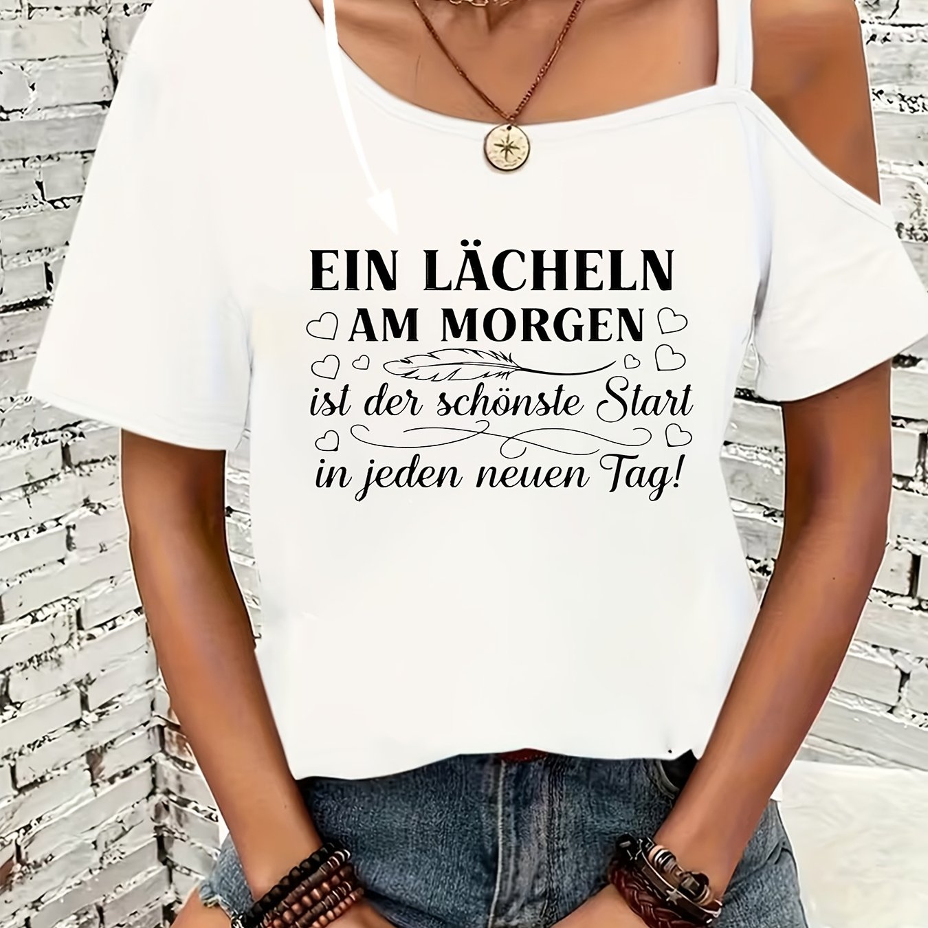 TEMU Women's Stylish And Creative Customizable Printed T-shirts, Sexy Off-shoulder Thin Strap Short-sleeve Tops, Perfect For Summer Casual Wear,