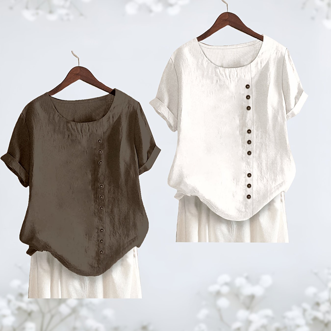 TEMU 2pcs Set Of Elegant Women's Shirts - Casual Comfortable Round Neck Short Sleeve Button-up Tops