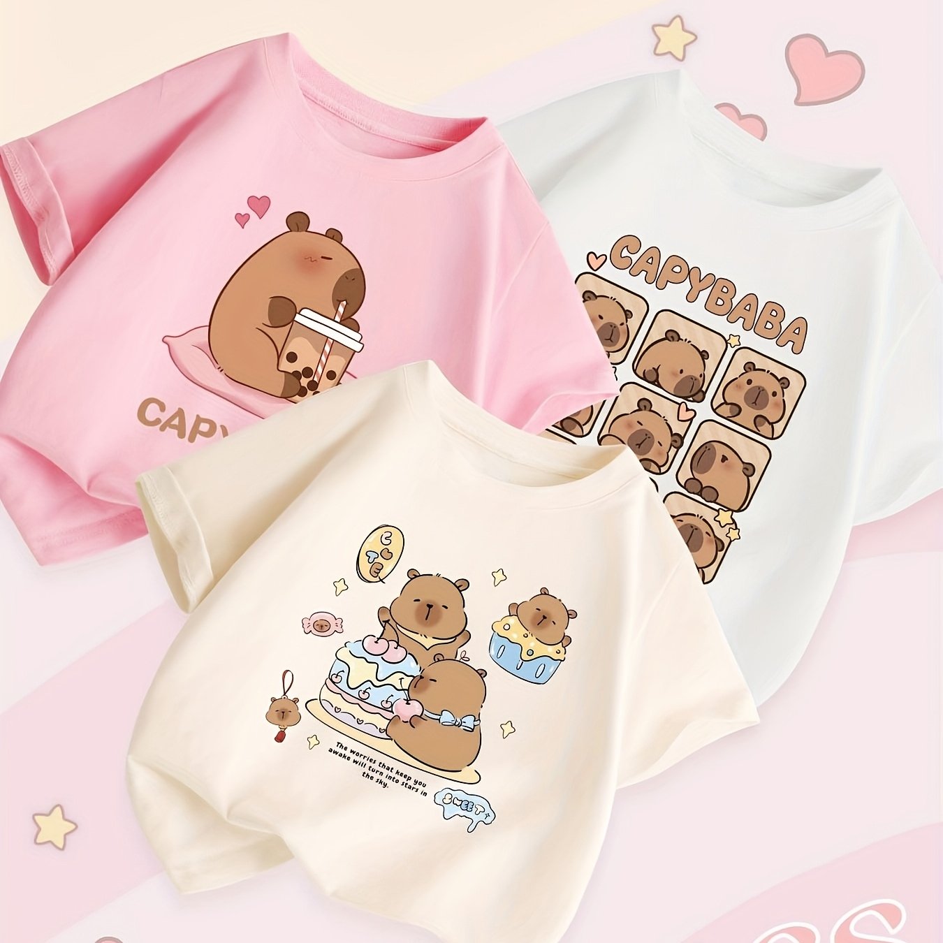Image of Mianzhi Kids Shop 7.5% ' Fashionable Lightweight Breathable Pure Short-sleeve T-shirt 3pcs, Capybara Print, Suitable For Outdoor Casual And Sportswear, Summer Girls' Tops, Big Girls' Stretchy Tops