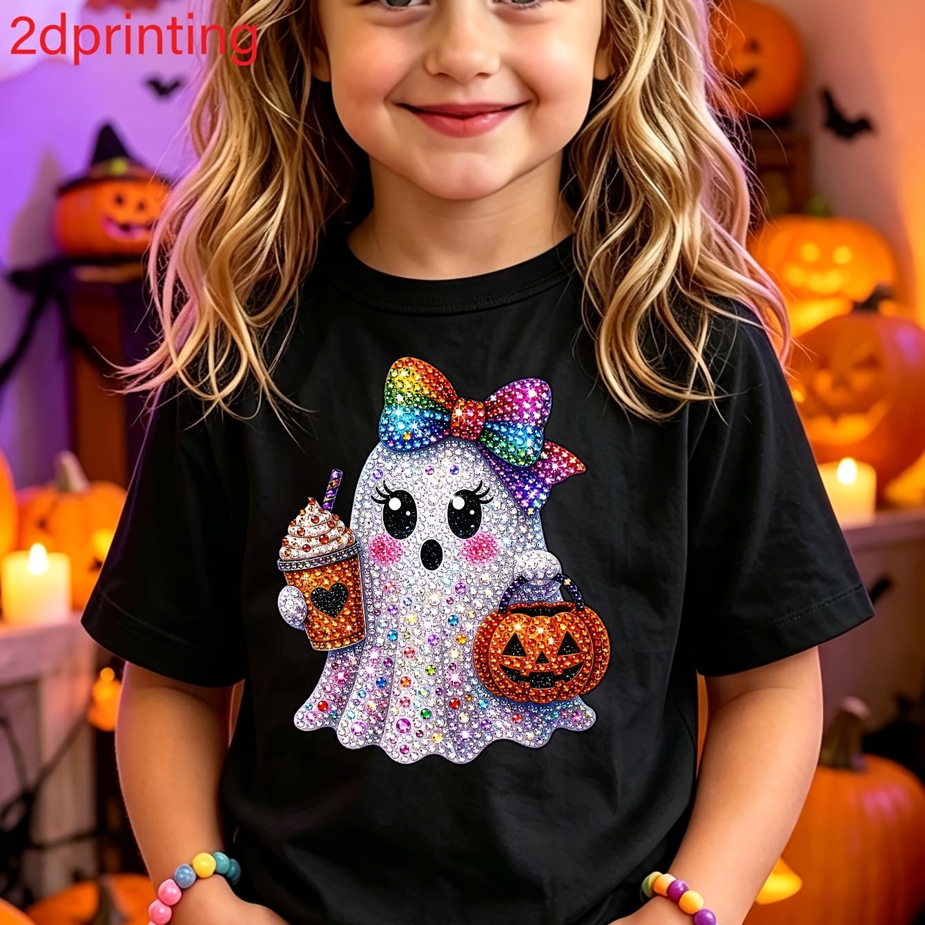 TEMU Print Design - 2d Flat Printing Halloween Girl Bow Pumpkin Bucket Cartoon Print Sweet Cool Cute All-match T-shirt, 2d Flat