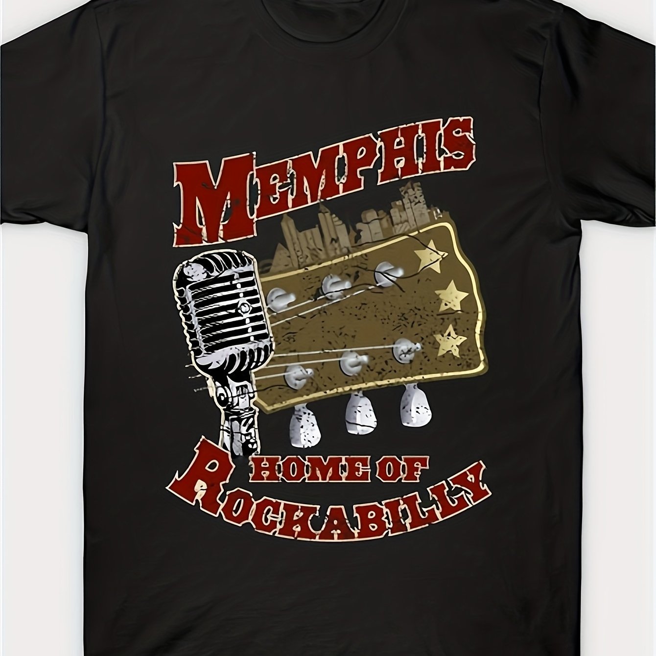 Image of Men's Rockabilly Graphic T-shirt - Heavyweight 220g Cotton Vintage Music Tee With Guitar, Mic & Logo Print, Regular Fit Black Shirt For Rockabilly Style & Music Lovers, Plus Size