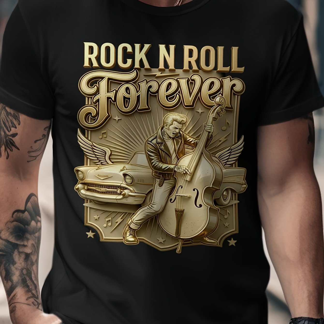 Image of Golden Metallic Polish Classic Hot Rod Muscle Car Guitar 180g Cotton Men Black Round Neck S 3xl Retro Rock N Roll Fan Collection Outfit Casual Daily Wear