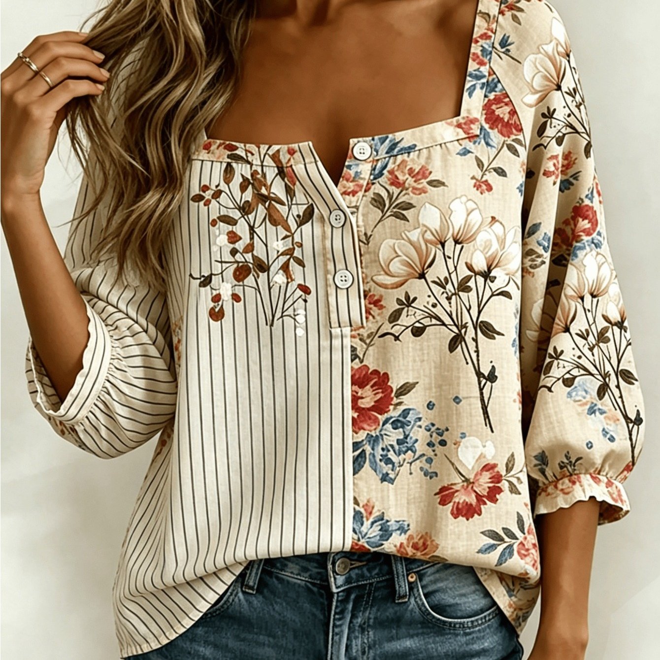 TEMU Elegant Square Neckline V-neck Button- Blouse, Bohemian Floral Geometric Stripe Print Vintage Top, 3/4 Sleeves Elasticated Ruffle Puff Sleeves,