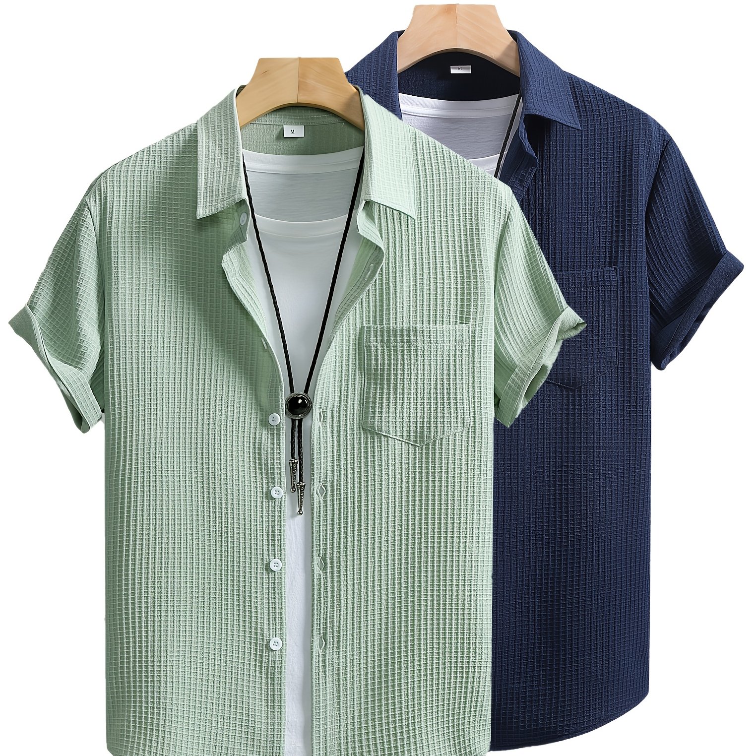 Fashion Casual 2pcs Waffle Breathable Button-up Short Sleeve Shirt Set